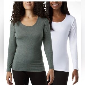32 Degrees Women's Long Sleeve Scoop Neck Tops -  2 pack White and Green